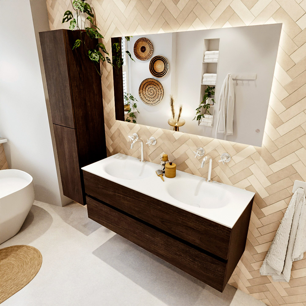 MONDIAZ VICA 130cm mueble de baño Dark Brown 2 cajones. Lavabo MOON Doble 2 orificios, color Talc. 1 MONDIAZ VICA 130cm mueble de baño Dark Brown 2 cajones. Lavabo MOON Doble 2 orificios
