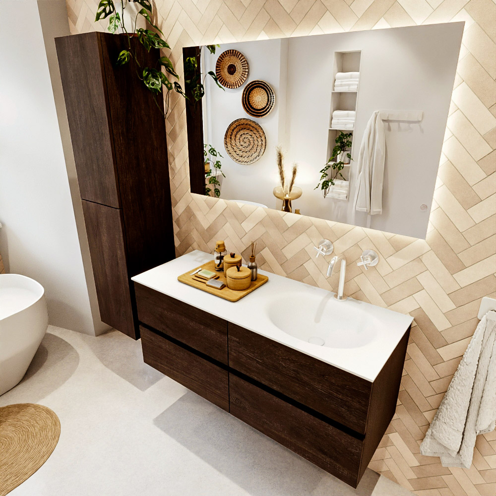 MONDIAZ VICA 120cm mueble de baño Dark Brown 4 cajones. Lavabo MOON Derecho 1 orificio, color Talc. 1 MONDIAZ VICA 120cm mueble de baño Dark Brown 4 cajones. Lavabo MOON Derecho 1 orificio