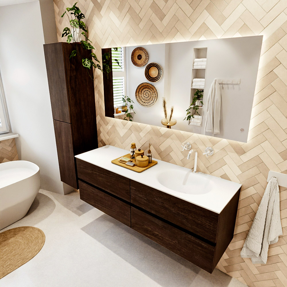 MONDIAZ VICA 150cm mueble de baño Dark Brown 4 cajones. Lavabo MOON Derecho 1 orificio, color Talc. 1 MONDIAZ VICA 150cm mueble de baño Dark Brown 4 cajones. Lavabo MOON Derecho 1 orificio