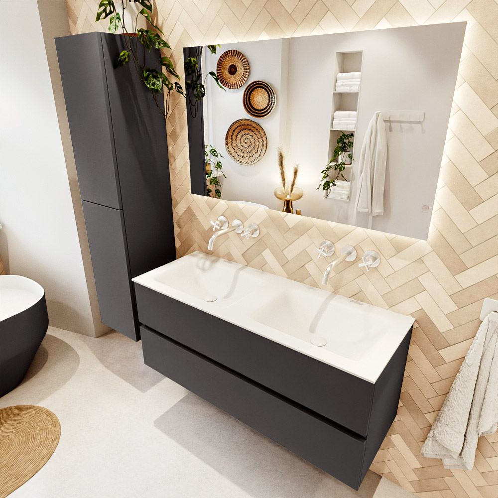 MONDIAZ VICA 120cm mueble de baño Dark Grey 2 cajones. Lavabo CLOUD Doble sin orificio, color Talc. 1 MONDIAZ VICA 120cm mueble de baño Dark Grey 2 cajones. Lavabo CLOUD Doble sin orificio