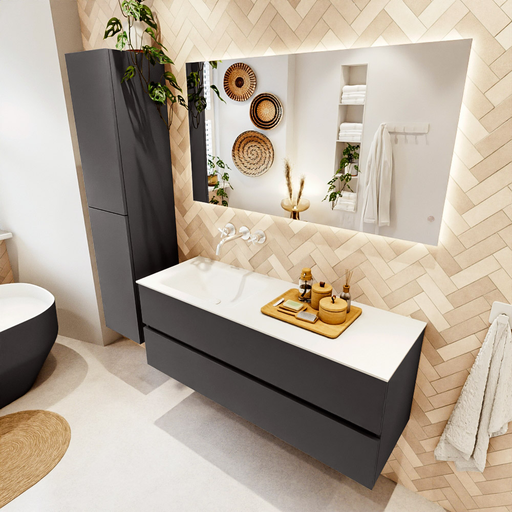 MONDIAZ VICA 130cm mueble de baño Dark Grey 2 cajones. Lavabo CLOUD Izquierda sin orificio, color Talc. 1 MONDIAZ VICA 130cm mueble de baño Dark Grey 2 cajones. Lavabo CLOUD Izquierda sin orificio