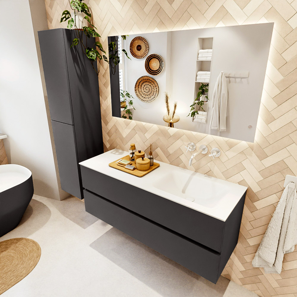 MONDIAZ VICA 130cm mueble de baño Dark Grey 2 cajones. Lavabo CLOUD Derecho sin orificio, color Talc. 1 MONDIAZ VICA 130cm mueble de baño Dark Grey 2 cajones. Lavabo CLOUD Derecho sin orificio