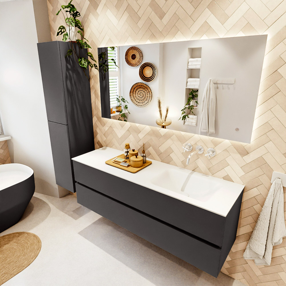 MONDIAZ VICA 150cm mueble de baño Dark Grey 2 cajones. Lavabo CLOUD Derecho sin orificio, color Talc. 1 MONDIAZ VICA 150cm mueble de baño Dark Grey 2 cajones. Lavabo CLOUD Derecho sin orificio
