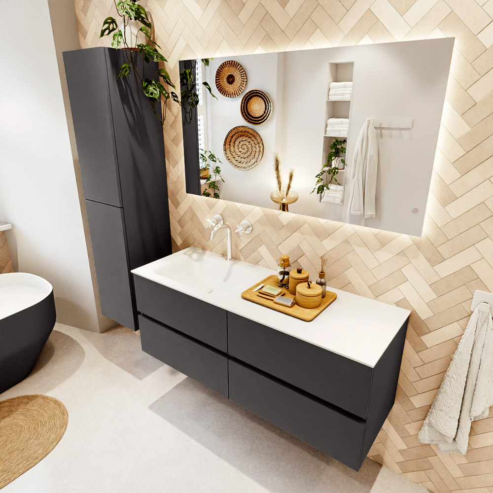 MONDIAZ VICA 130cm mueble de baño Dark Grey 4 cajones. Lavabo CLOUD Izquierda 1 orificio, color Talc. 1 MONDIAZ VICA 130cm mueble de baño Dark Grey 4 cajones. Lavabo CLOUD Izquierda 1 orificio