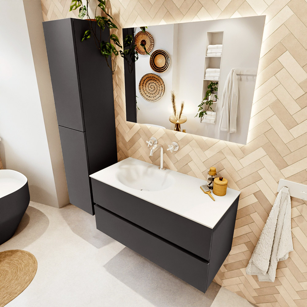 MONDIAZ VICA 100cm mueble de baño Dark Grey 2 cajones. Lavabo MOON Izquierda 1 orificio, color Talc. 1 MONDIAZ VICA 100cm mueble de baño Dark Grey 2 cajones. Lavabo MOON Izquierda 1 orificio