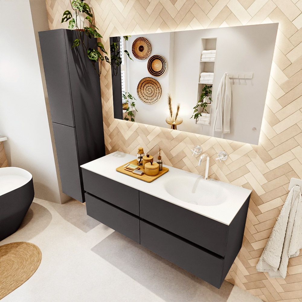 MONDIAZ VICA 130cm mueble de baño Dark Grey 4 cajones. Lavabo MOON Derecho 1 orificio, color Talc. 1 MONDIAZ VICA 130cm mueble de baño Dark Grey 4 cajones. Lavabo MOON Derecho 1 orificio