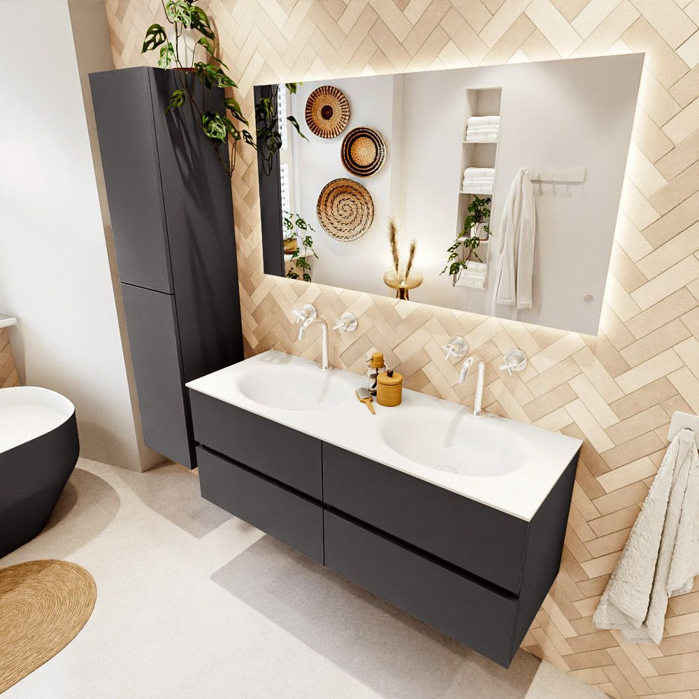 MONDIAZ VICA 130cm mueble de baño Dark Grey 4 cajones. Lavabo MOON Doble 2 orificios, color Talc. 1 MONDIAZ VICA 130cm mueble de baño Dark Grey 4 cajones. Lavabo MOON Doble 2 orificios
