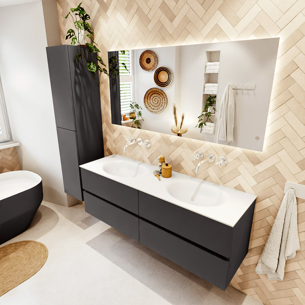 MONDIAZ VICA 150cm mueble de baño Dark Grey 4 cajones. Lavabo MOON Doble sin orificio, color Talc. 1 MONDIAZ VICA 150cm mueble de baño Dark Grey 4 cajones. Lavabo MOON Doble sin orificio