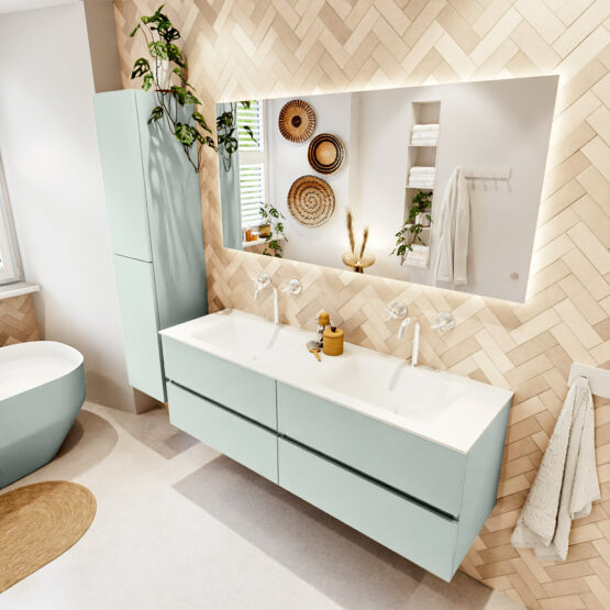 MONDIAZ VICA 150cm mueble de baño Greey 4 cajones. Lavabo CLOUD Doble 2 orificios