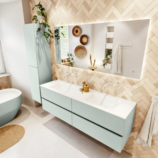 MONDIAZ VICA 160cm mueble de baño Greey 4 cajones. Lavabo CLOUD Doble sin orificio