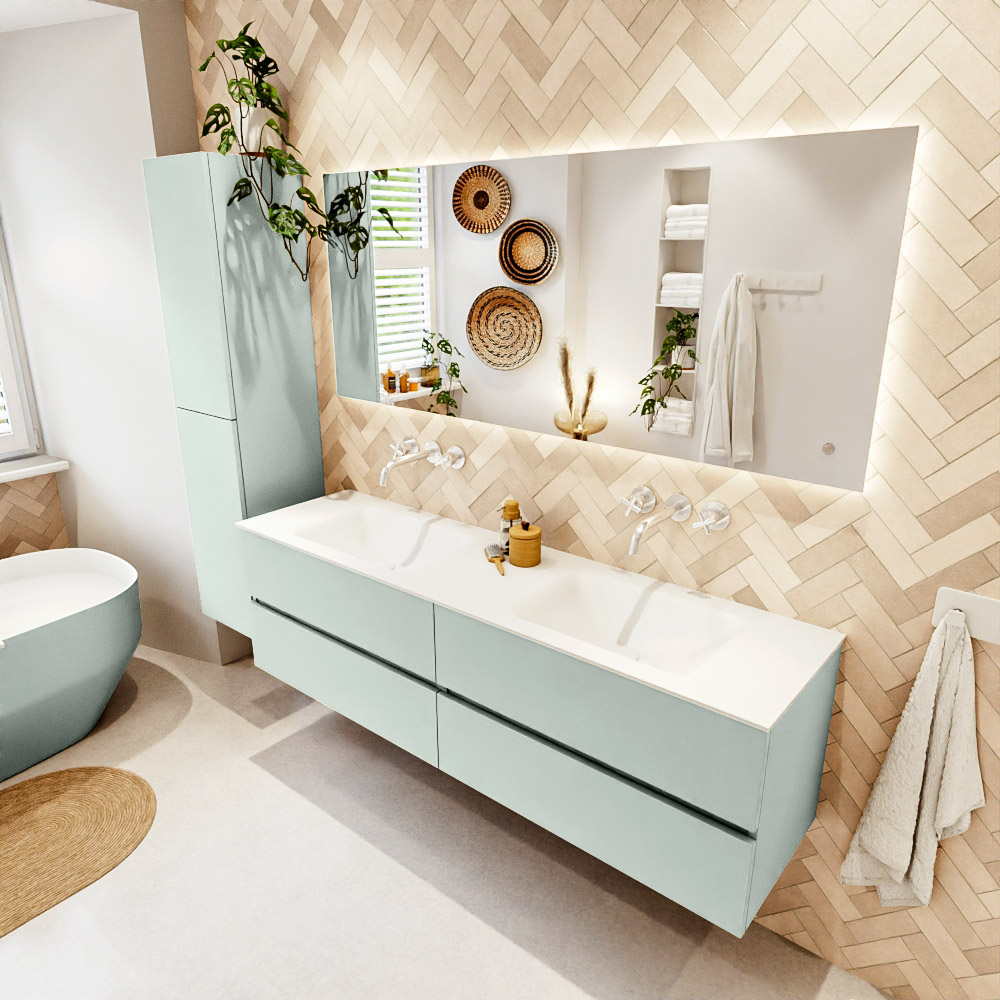 MONDIAZ VICA 170cm mueble de baño Greey 4 cajones. Lavabo CLOUD Doble sin orificio, color Talc. 1 MONDIAZ VICA 170cm mueble de baño Greey 4 cajones. Lavabo CLOUD Doble sin orificio