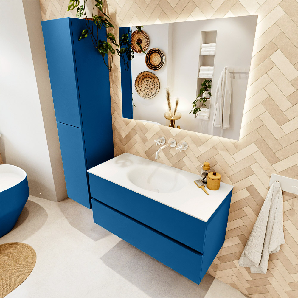 MONDIAZ VICA 100cm mueble de baño Jeans 2 cajones. Lavabo MOON Centro sin orificio, color Talc. 1 MONDIAZ VICA 100cm mueble de baño Jeans 2 cajones. Lavabo MOON Centro sin orificio