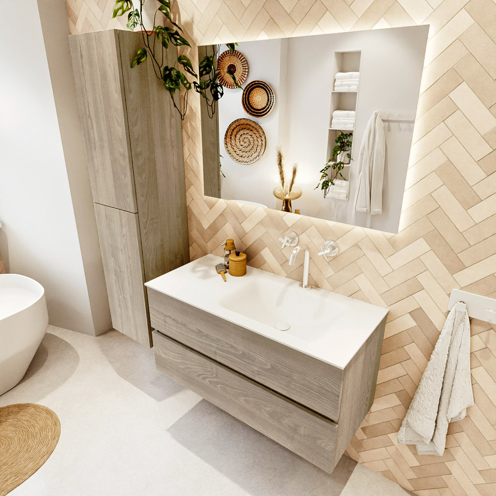 MONDIAZ VICA 100cm mueble de baño Light Brown Grey 2 cajones. Lavabo CLOUD Derecho 1 orificio, color Talc. 1 MONDIAZ VICA 100cm mueble de baño Light Brown Grey 2 cajones. Lavabo CLOUD Derecho 1 orificio