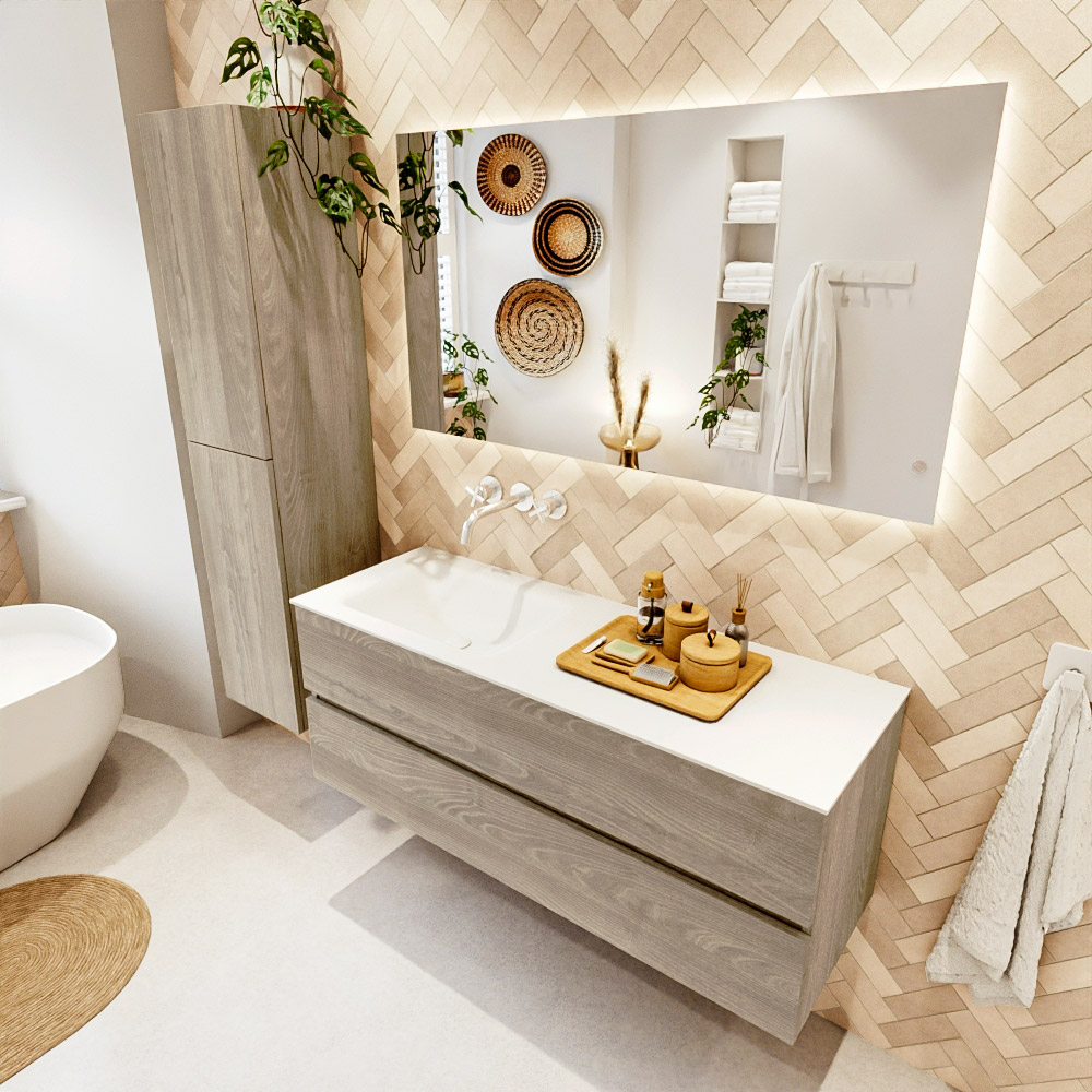 MONDIAZ VICA 130cm mueble de baño Light Brown Grey 2 cajones. Lavabo CLOUD Izquierda sin orificio, color Talc. 1 MONDIAZ VICA 130cm mueble de baño Light Brown Grey 2 cajones. Lavabo CLOUD Izquierda sin orificio