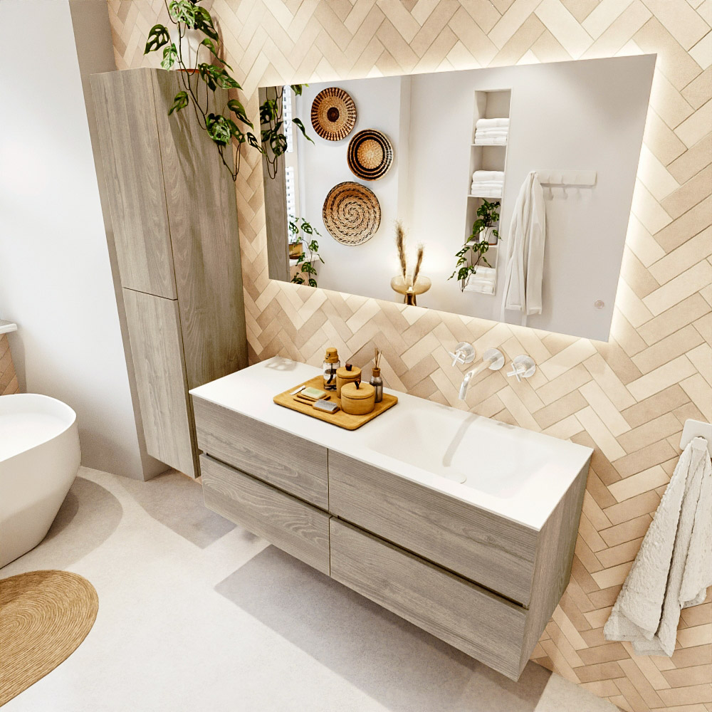 MONDIAZ VICA 130cm mueble de baño Light Brown Grey 4 cajones. Lavabo CLOUD Derecho sin orificio, color Talc. 1 MONDIAZ VICA 130cm mueble de baño Light Brown Grey 4 cajones. Lavabo CLOUD Derecho sin orificio