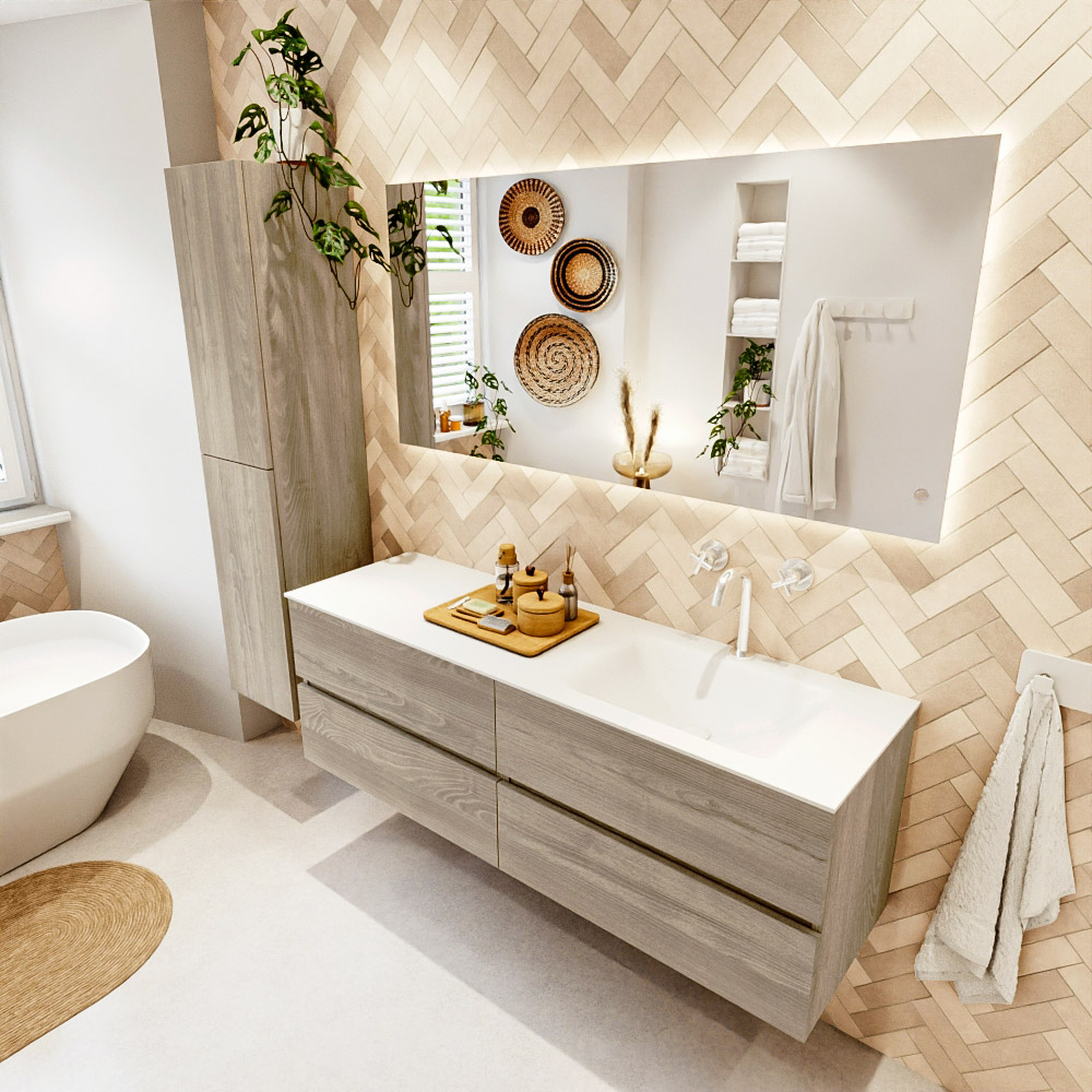 MONDIAZ VICA 150cm mueble de baño Light Brown Grey 4 cajones. Lavabo CLOUD Derecho 1 orificio, color Talc. 1 MONDIAZ VICA 150cm mueble de baño Light Brown Grey 4 cajones. Lavabo CLOUD Derecho 1 orificio
