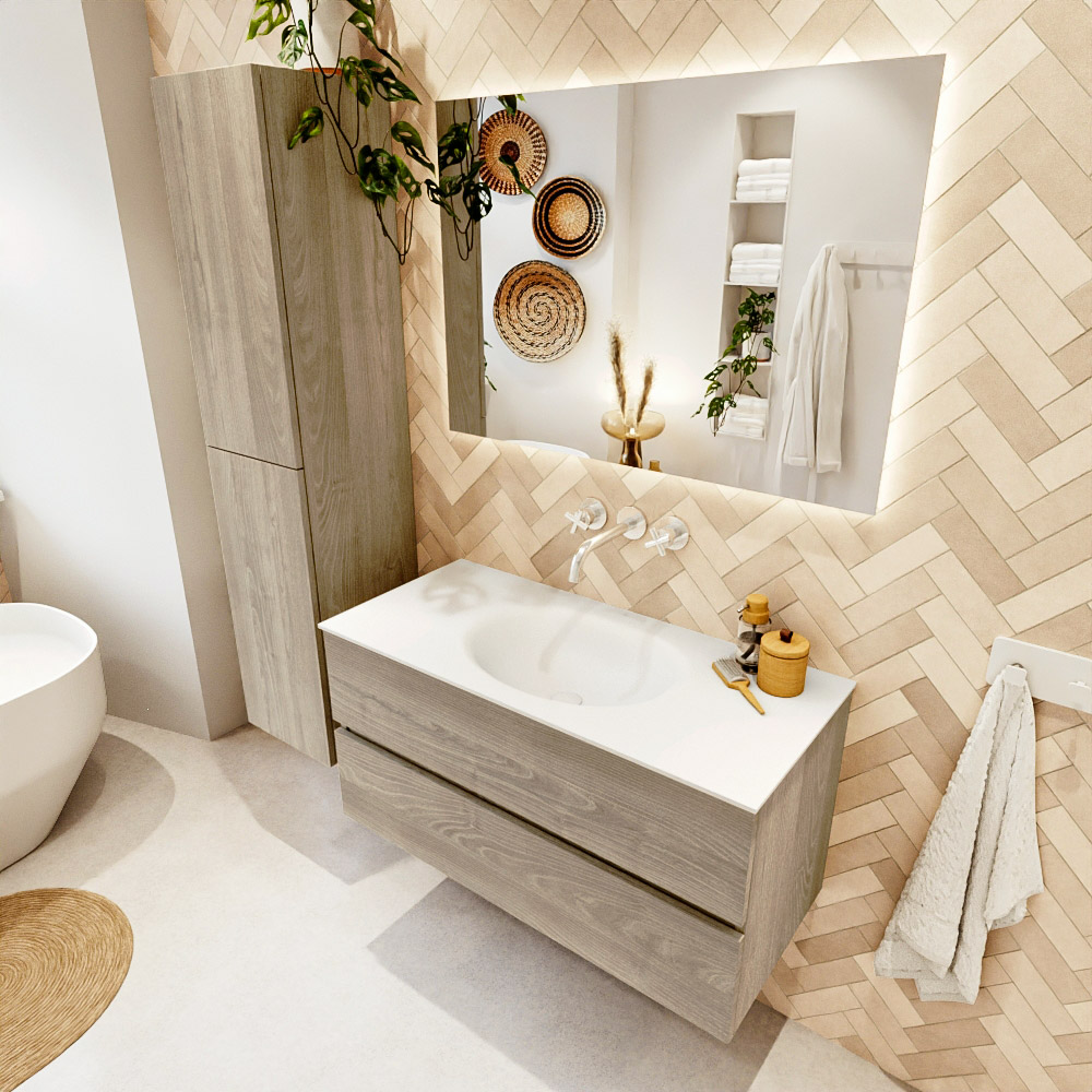 MONDIAZ VICA 100cm mueble de baño Light Brown Grey 2 cajones. Lavabo MOON Centro sin orificio, color Talc. 1 MONDIAZ VICA 100cm mueble de baño Light Brown Grey 2 cajones. Lavabo MOON Centro sin orificio