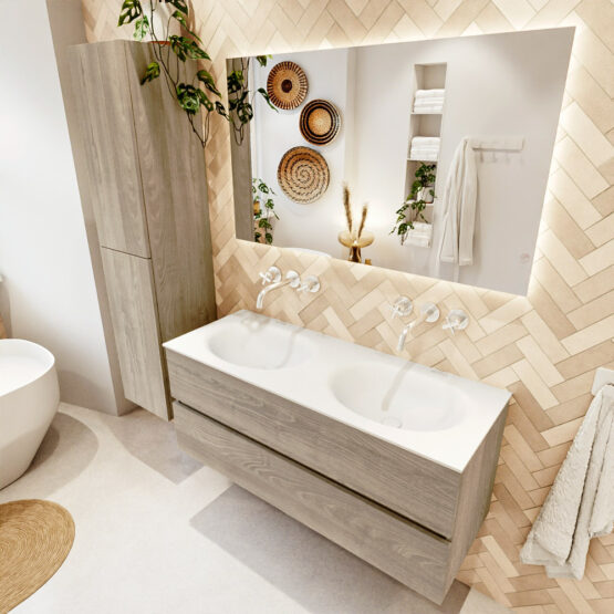 MONDIAZ VICA 120cm mueble de baño Light Brown Grey 2 cajones. Lavabo MOON Doble sin orificio