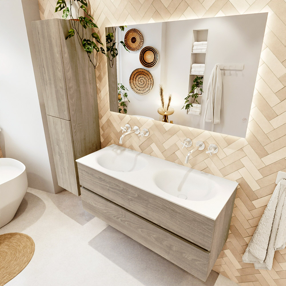 MONDIAZ VICA 120cm mueble de baño Light Brown Grey 2 cajones. Lavabo MOON Doble sin orificio, color Talc. 1 MONDIAZ VICA 120cm mueble de baño Light Brown Grey 2 cajones. Lavabo MOON Doble sin orificio
