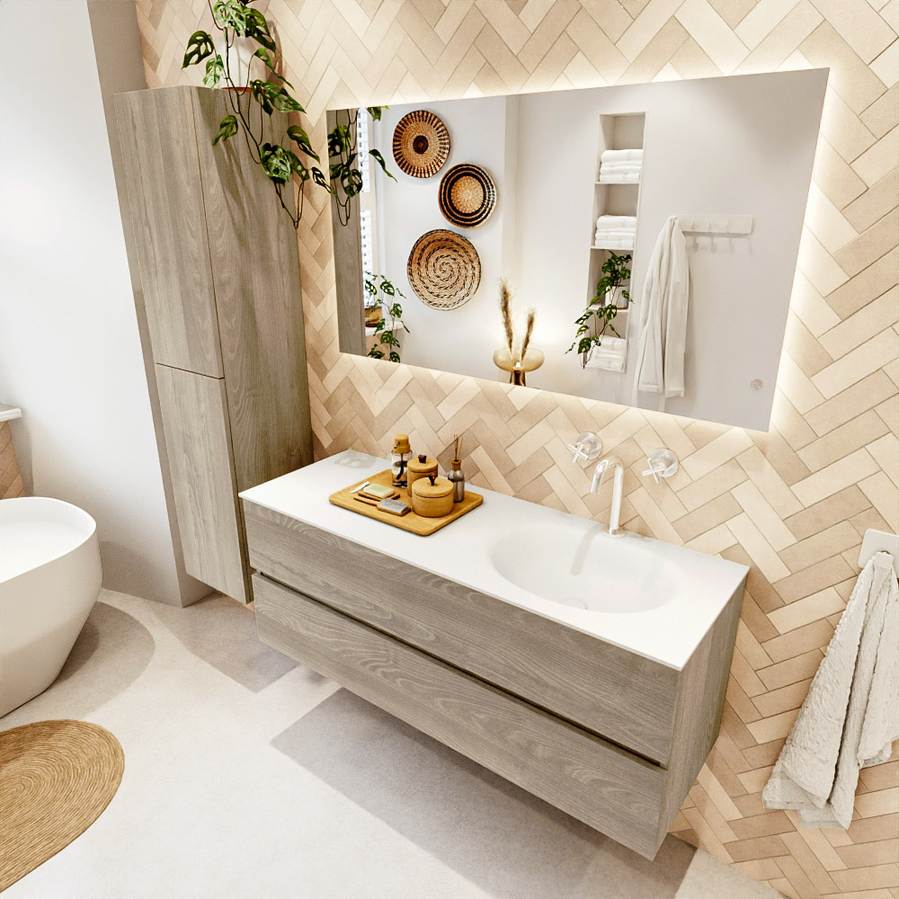 MONDIAZ VICA 130cm mueble de baño Light Brown Grey 2 cajones. Lavabo MOON Derecho 1 orificio, color Talc. 1 MONDIAZ VICA 130cm mueble de baño Light Brown Grey 2 cajones. Lavabo MOON Derecho 1 orificio
