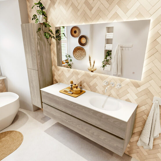 MONDIAZ VICA 150cm mueble de baño Light Brown Grey 2 cajones. Lavabo MOON Derecho sin orificio