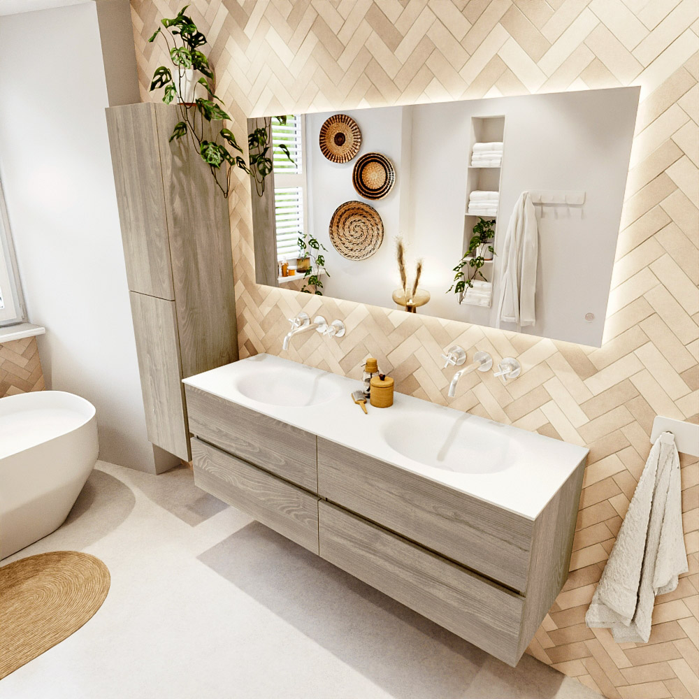 MONDIAZ VICA 150cm mueble de baño Light Brown Grey 4 cajones. Lavabo MOON Doble sin orificio, color Talc. 1 MONDIAZ VICA 150cm mueble de baño Light Brown Grey 4 cajones. Lavabo MOON Doble sin orificio