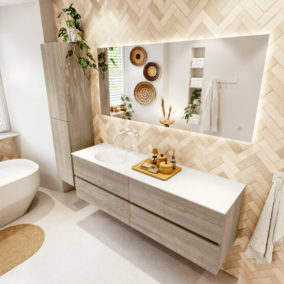 MONDIAZ VICA 160cm mueble de baño Light Brown Grey 4 cajones. Lavabo MOON Izquierda sin orificio