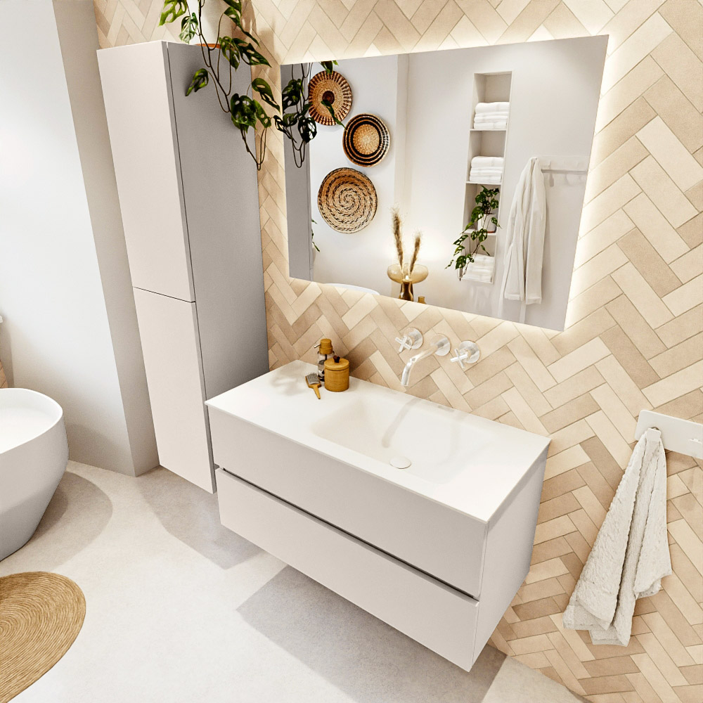 MONDIAZ VICA 100cm mueble de baño Linen 2 cajones. Lavabo CLOUD Derecho sin orificio, color Talc. 1 MONDIAZ VICA 100cm mueble de baño Linen 2 cajones. Lavabo CLOUD Derecho sin orificio