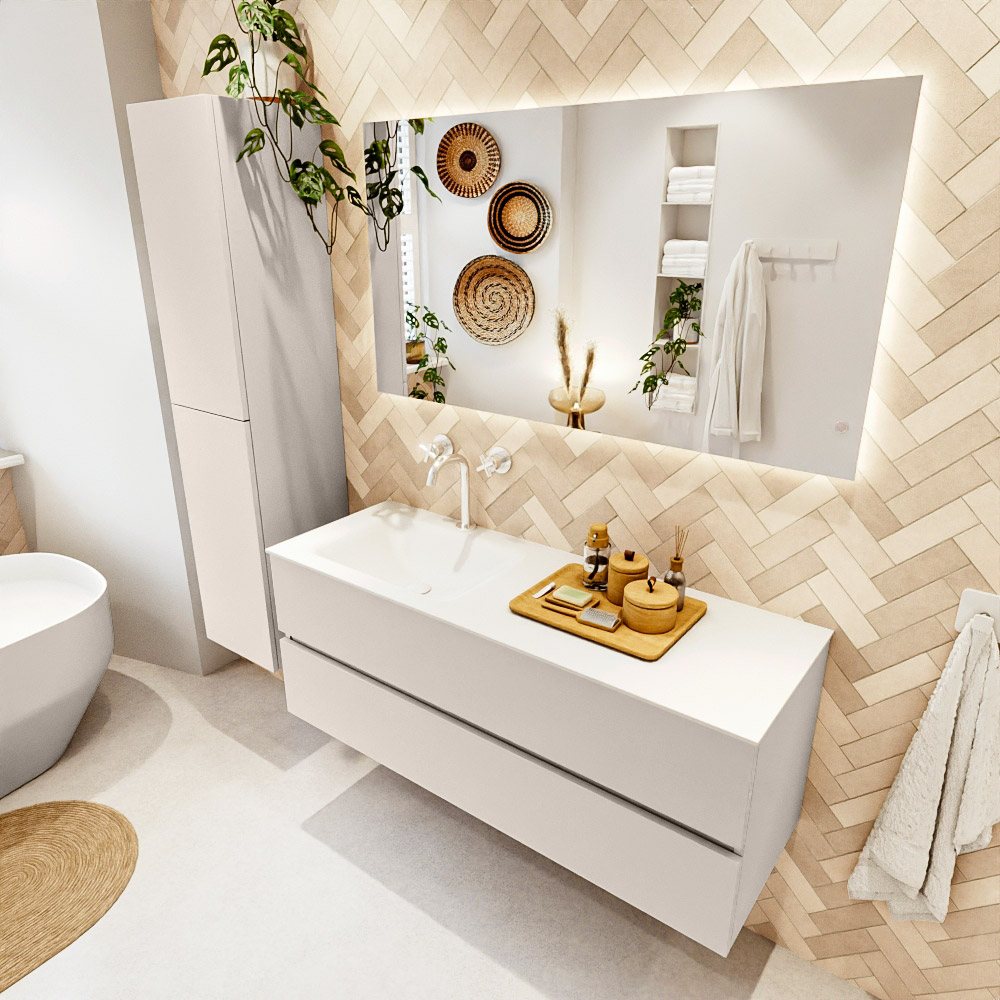 MONDIAZ VICA 130cm mueble de baño Linen 2 cajones. Lavabo CLOUD Izquierda 1 orificio, color Talc. 1 MONDIAZ VICA 130cm mueble de baño Linen 2 cajones. Lavabo CLOUD Izquierda 1 orificio