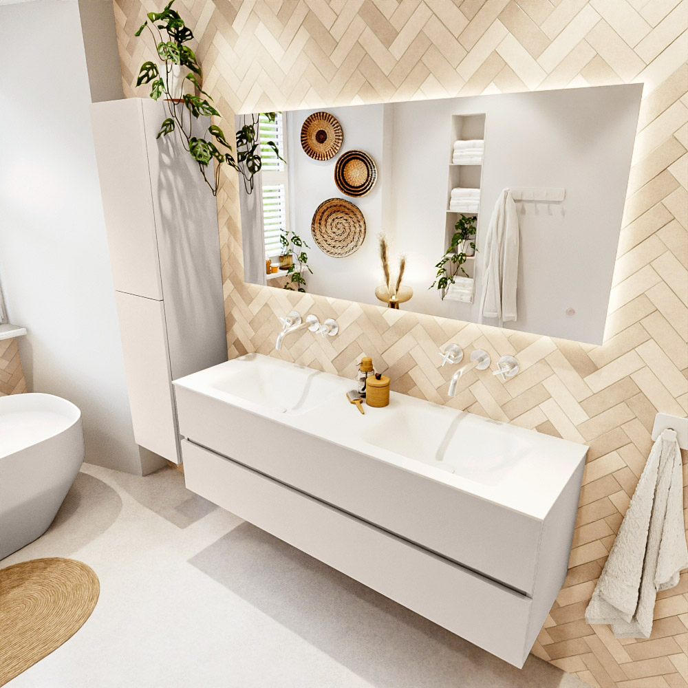 MONDIAZ VICA 150cm mueble de baño Linen 2 cajones. Lavabo CLOUD Doble sin orificio, color Talc. 1 MONDIAZ VICA 150cm mueble de baño Linen 2 cajones. Lavabo CLOUD Doble sin orificio
