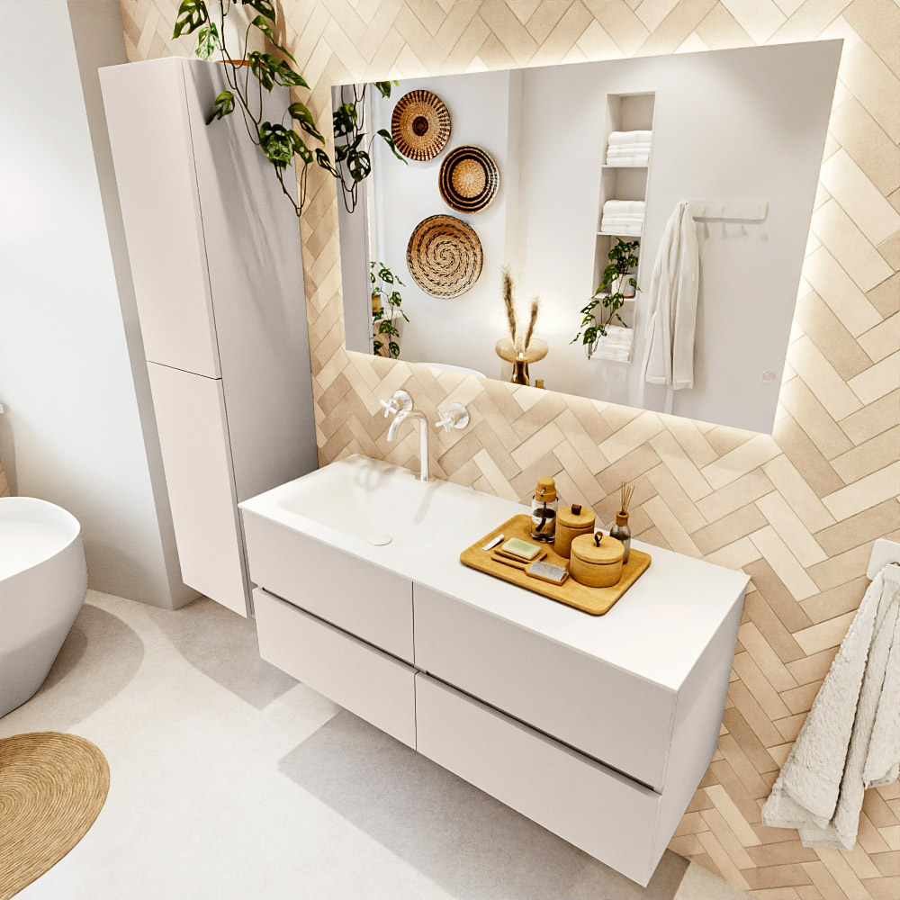MONDIAZ VICA 120cm mueble de baño Linen 4 cajones. Lavabo CLOUD Izquierda 1 orificio, color Talc. 1 MONDIAZ VICA 120cm mueble de baño Linen 4 cajones. Lavabo CLOUD Izquierda 1 orificio