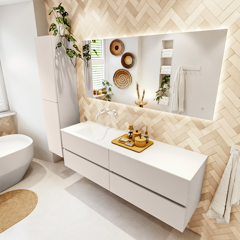 MONDIAZ VICA 160cm mueble de baño Linen 4 cajones. Lavabo CLOUD Izquierda sin orificio, color Talc. 1 MONDIAZ VICA 160cm mueble de baño Linen 4 cajones. Lavabo CLOUD Izquierda sin orificio
