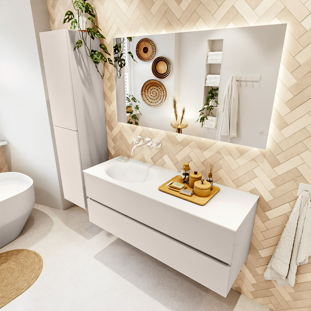 MONDIAZ VICA 130cm mueble de baño Linen 2 cajones. Lavabo MOON Izquierda sin orificio, color Talc. 1 MONDIAZ VICA 130cm mueble de baño Linen 2 cajones. Lavabo MOON Izquierda sin orificio