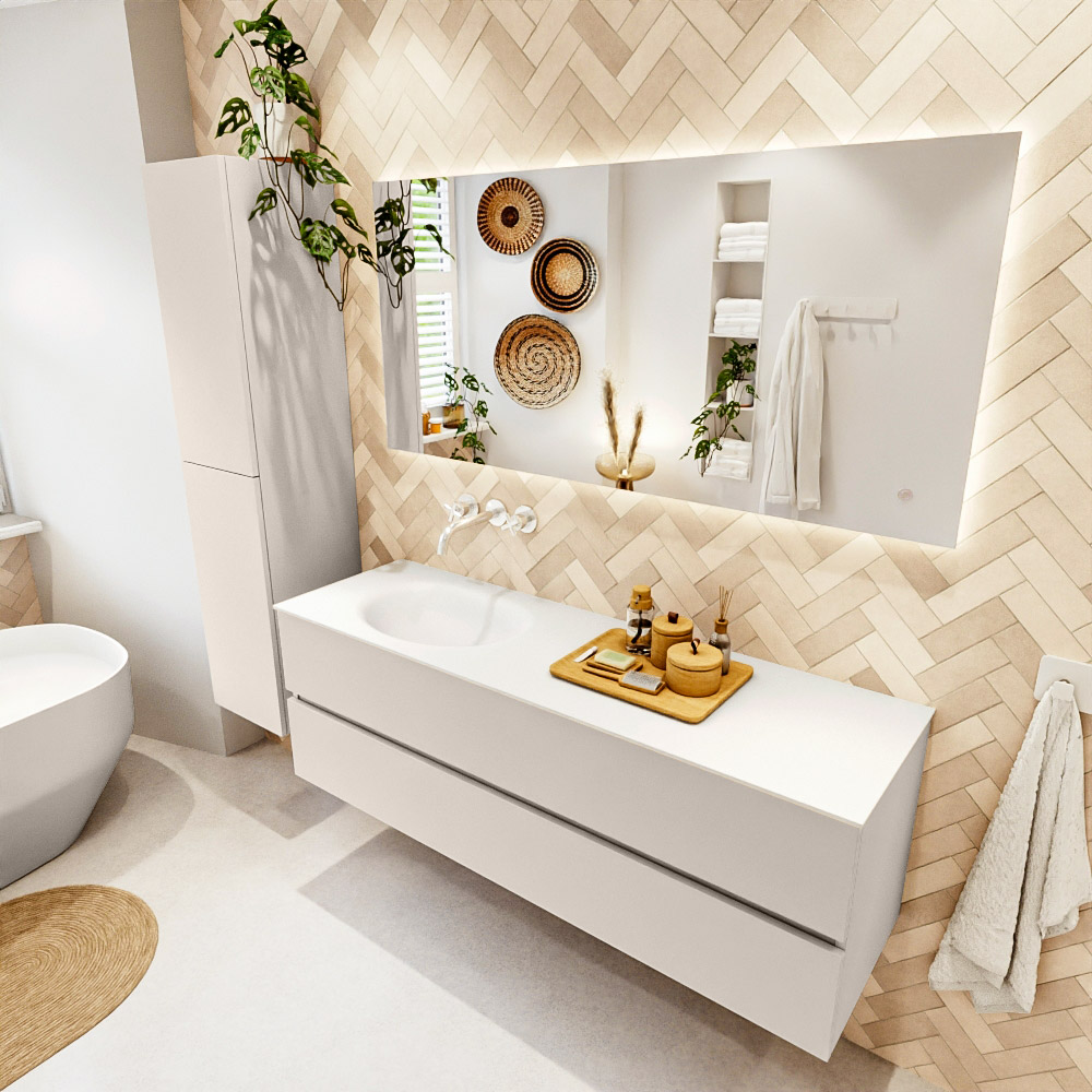 MONDIAZ VICA 150cm mueble de baño Linen 2 cajones. Lavabo MOON Izquierda sin orificio, color Talc. 1 MONDIAZ VICA 150cm mueble de baño Linen 2 cajones. Lavabo MOON Izquierda sin orificio