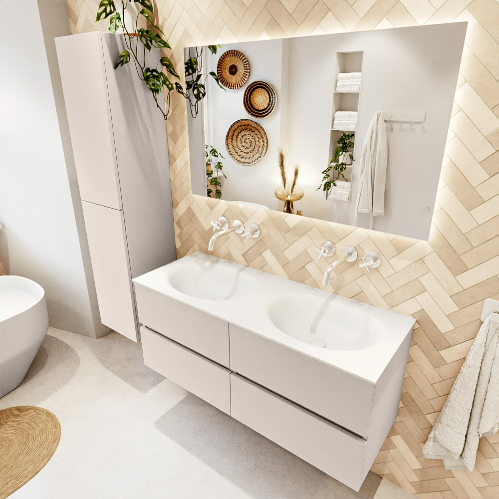 MONDIAZ VICA 120cm mueble de baño Linen 4 cajones. Lavabo MOON Doble sin orificio, color Talc. 1 MONDIAZ VICA 120cm mueble de baño Linen 4 cajones. Lavabo MOON Doble sin orificio