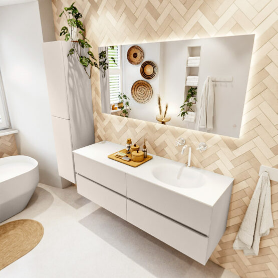 MONDIAZ VICA 150cm mueble de baño Linen 4 cajones. Lavabo MOON Derecho 1 orificio