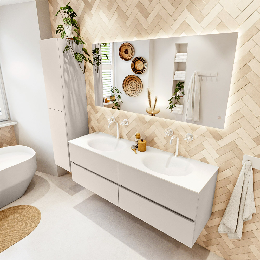 MONDIAZ VICA 150cm mueble de baño Linen 4 cajones. Lavabo MOON Doble 2 orificios, color Talc. 1 MONDIAZ VICA 150cm mueble de baño Linen 4 cajones. Lavabo MOON Doble 2 orificios