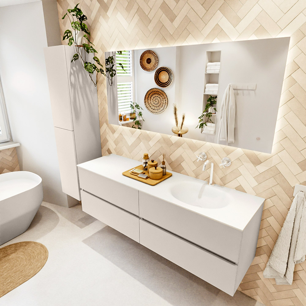 MONDIAZ VICA 160cm mueble de baño Linen 4 cajones. Lavabo MOON Derecho 1 orificio, color Talc. 1 MONDIAZ VICA 160cm mueble de baño Linen 4 cajones. Lavabo MOON Derecho 1 orificio