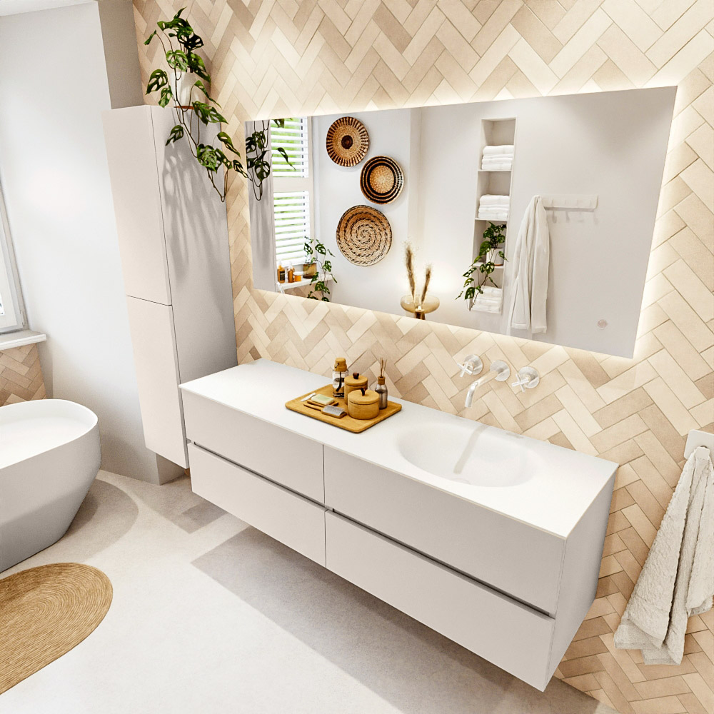 MONDIAZ VICA 160cm mueble de baño Linen 4 cajones. Lavabo MOON Derecho sin orificio, color Talc. 1 MONDIAZ VICA 160cm mueble de baño Linen 4 cajones. Lavabo MOON Derecho sin orificio