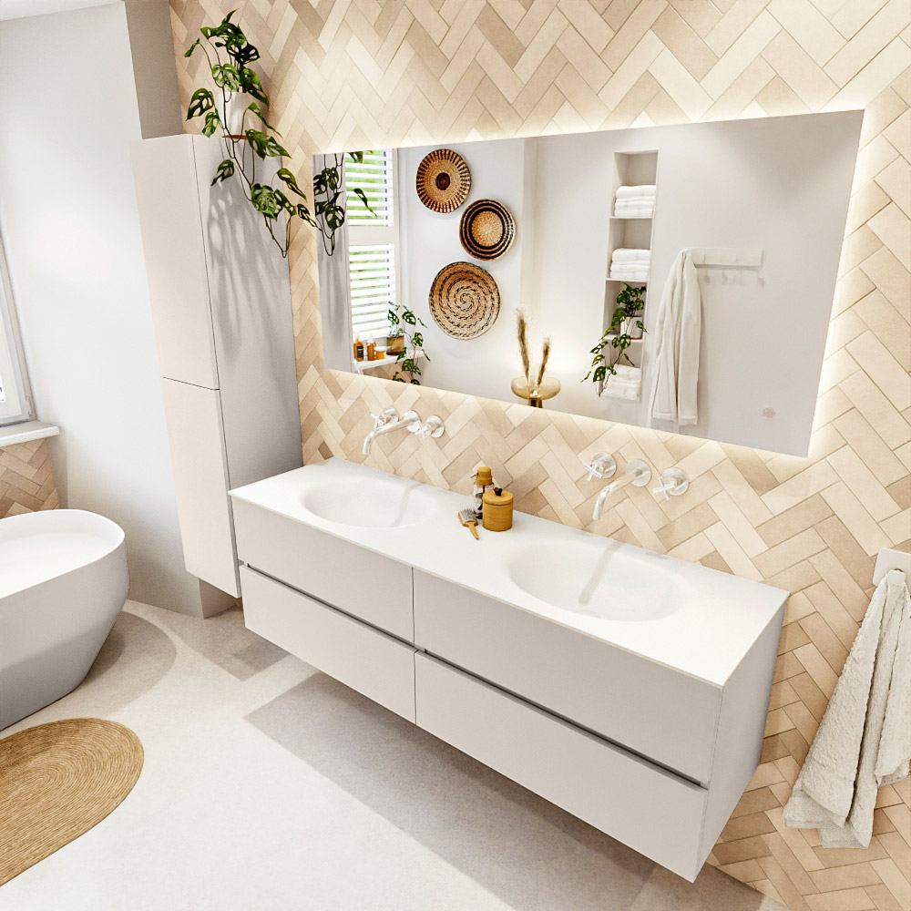 MONDIAZ VICA 160cm mueble de baño Linen 4 cajones. Lavabo MOON Doble sin orificio, color Talc. 1 MONDIAZ VICA 160cm mueble de baño Linen 4 cajones. Lavabo MOON Doble sin orificio
