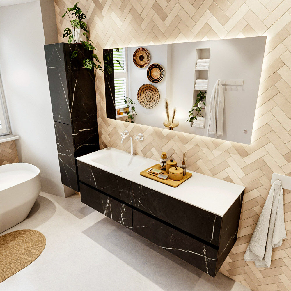 MONDIAZ VICA 150cm mueble de baño Marquina 4 cajones. Lavabo CLOUD Izquierda 1 orificio, color Talc. 1 MONDIAZ VICA 150cm mueble de baño Marquina 4 cajones. Lavabo CLOUD Izquierda 1 orificio