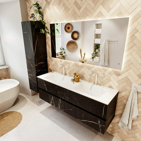 MONDIAZ VICA 150cm mueble de baño Marquina 4 cajones. Lavabo CLOUD Doble 2 orificios