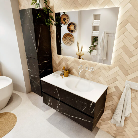 MONDIAZ VICA 100cm mueble de baño Marquina 2 cajones. Lavabo MOON Derecho sin orificio