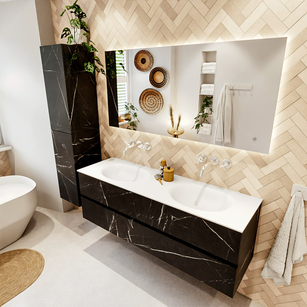 MONDIAZ VICA 150cm mueble de baño Marquina 2 cajones. Lavabo MOON Doble sin orificio, color Talc. 1 MONDIAZ VICA 150cm mueble de baño Marquina 2 cajones. Lavabo MOON Doble sin orificio