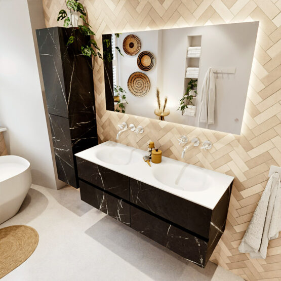 MONDIAZ VICA 130cm mueble de baño Marquina 4 cajones. Lavabo MOON Doble sin orificio