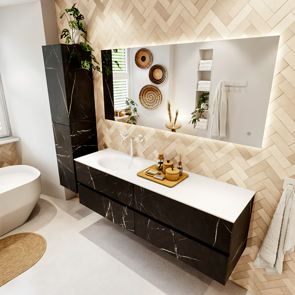 MONDIAZ VICA 160cm mueble de baño Marquina 4 cajones. Lavabo MOON Izquierda 1 orificio, color Talc. 1 MONDIAZ VICA 160cm mueble de baño Marquina 4 cajones. Lavabo MOON Izquierda 1 orificio