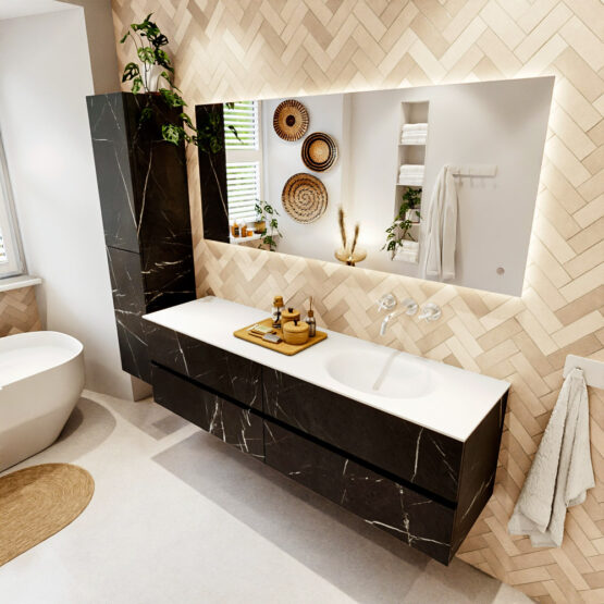 MONDIAZ VICA 170cm mueble de baño Marquina 4 cajones. Lavabo MOON Derecho sin orificio