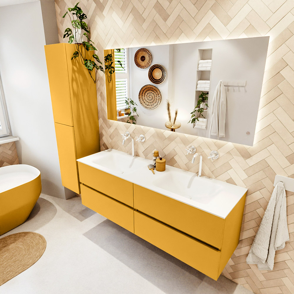 MONDIAZ VICA 150cm mueble de baño Ocher 4 cajones. Lavabo CLOUD Doble 2 orificios, color Talc. 1 MONDIAZ VICA 150cm mueble de baño Ocher 4 cajones. Lavabo CLOUD Doble 2 orificios