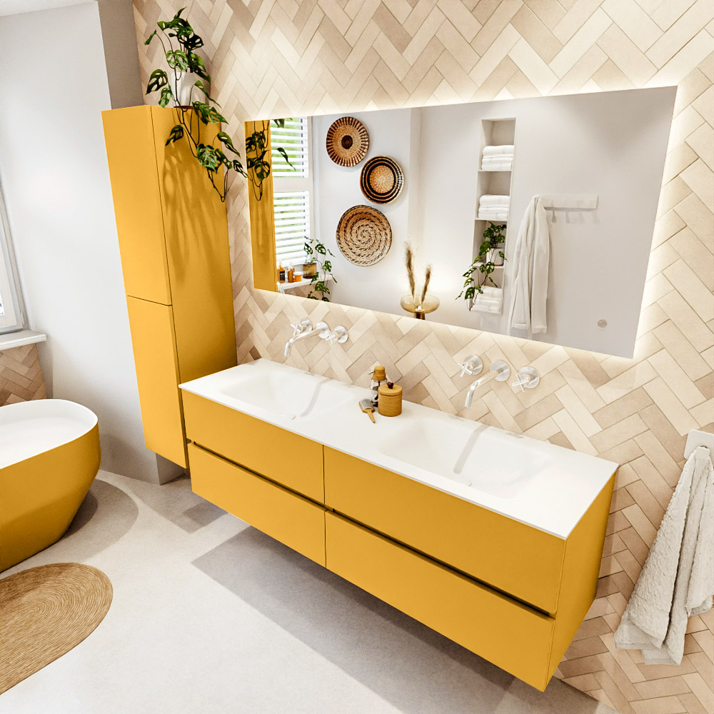 MONDIAZ VICA 160cm mueble de baño Ocher 4 cajones. Lavabo CLOUD Doble sin orificio, color Talc. 1 MONDIAZ VICA 160cm mueble de baño Ocher 4 cajones. Lavabo CLOUD Doble sin orificio