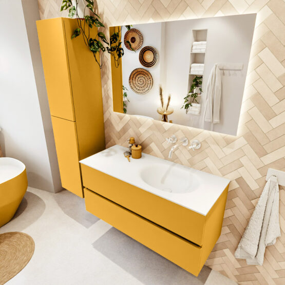 MONDIAZ VICA 110cm mueble de baño Ocher 2 cajones. Lavabo MOON Derecho sin orificio